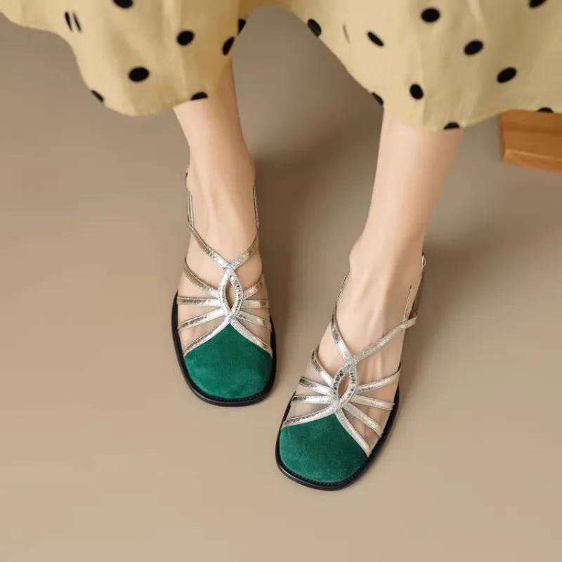 

Модные новые сандалии с круглым носком в тонких тонких ремешках, плетеные, с одной пряжкой, толстый каблук, римские туфли с застежкой-булавкой 35 зелёный