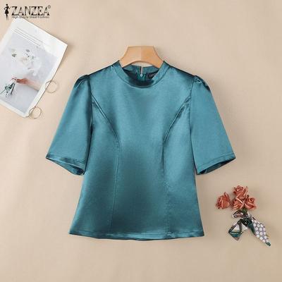 Women Casual Round Neck Summer Short Sleeve Satin Blouse