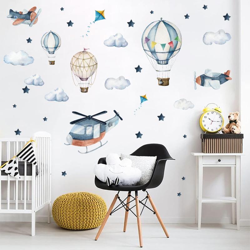 Cartoon Airplanes Hot Air Balloon Clouds Wall Stickers for Children's Room Kids Room Baby Boy Room Wall Decals Nursery Stickers