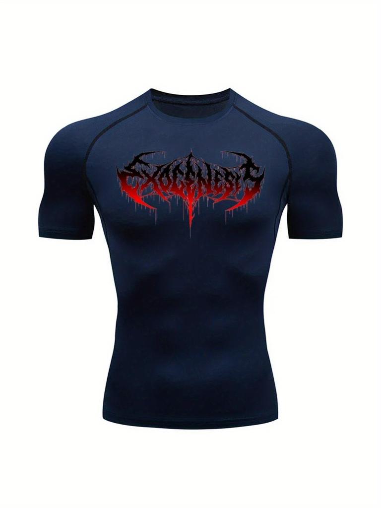 Men's Compression Shirt Quick Dry Black Gym T-Shirt Red Gradient Death Metal Drip Font Print Sportswear