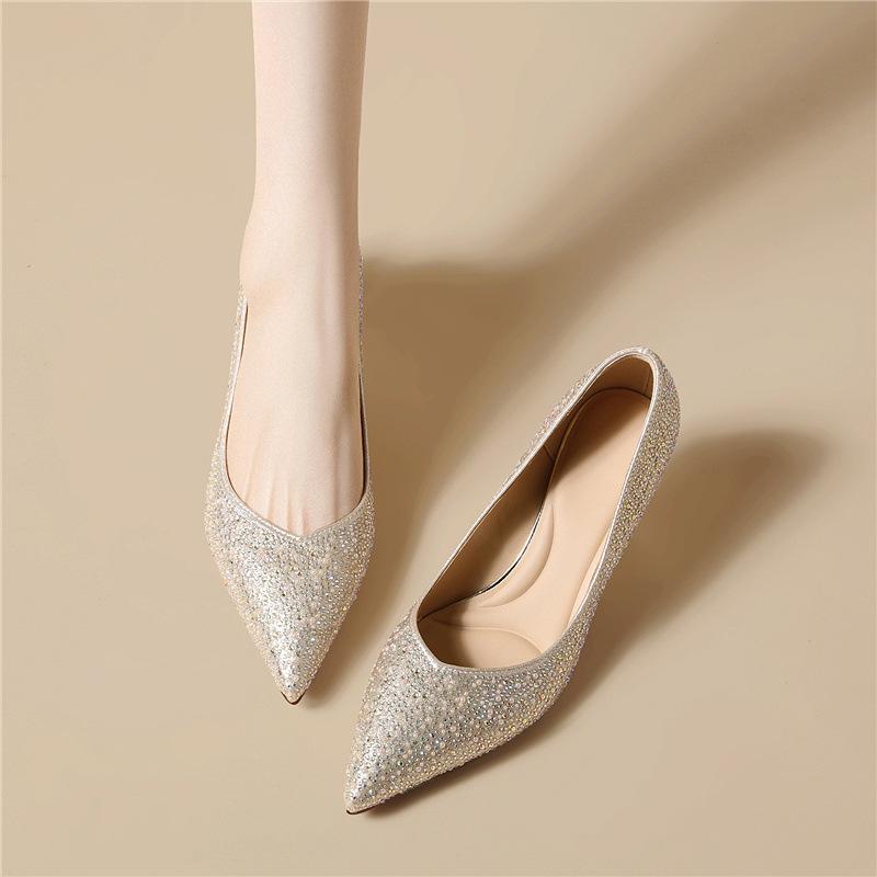 Rhinestone light luxury silver high heels fashion professional one-pedal single shoes women's high-end sense fine heel versatile daily women's shoes