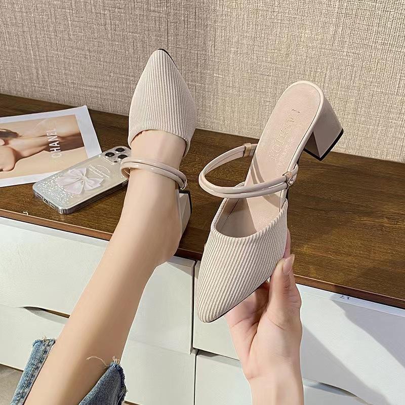 Pointed Head, Medium Heel, Thick Heel, Cool Slippers, Half-drag Sandals for Women's Summer New Breathable Cloth, and Outer Wear.
