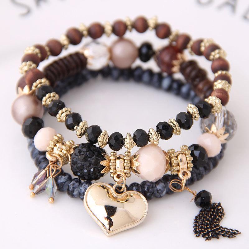 Bohemian Layered Beaded Bracelet Set with Love Pendant and Tassel