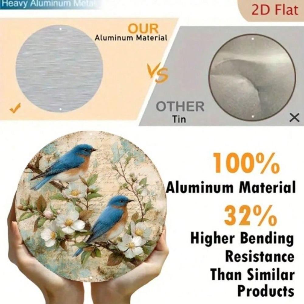 Vintage Blue Bird Flower Round Metal Tin Sign 20cm Home Garden Wall Decor