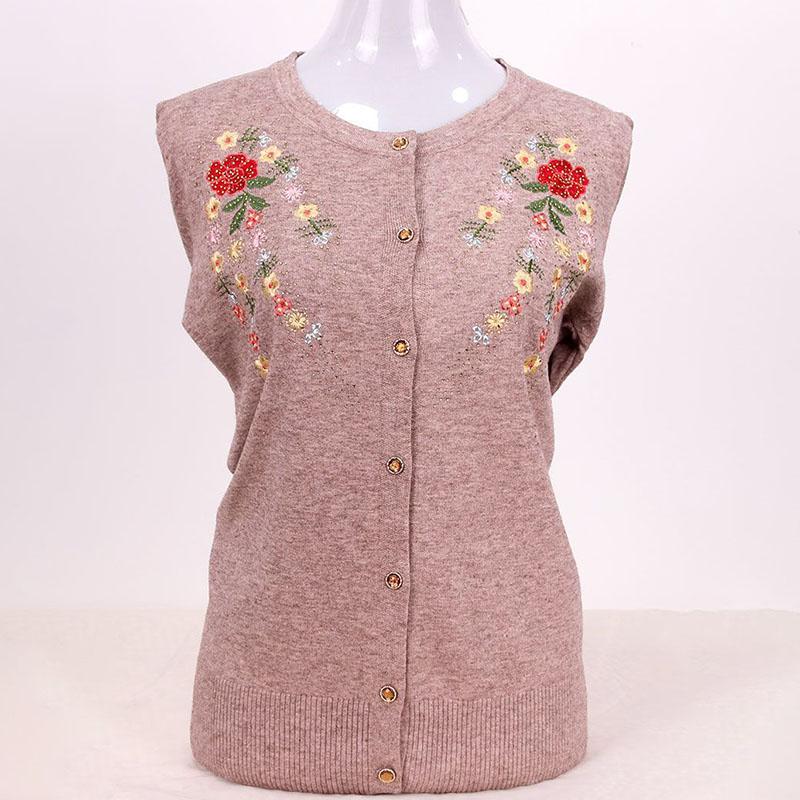 Women's Round Neck Embroidered Knit Cardigan Spring Autumn Rhinestone Loose-Fit Cardigan Sweater