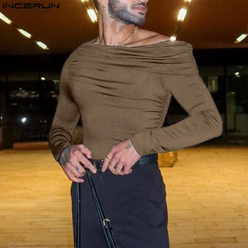 INCERUN Men Off Shoulder Long Sleeve Ruffled Irregular Long Fitted Tops