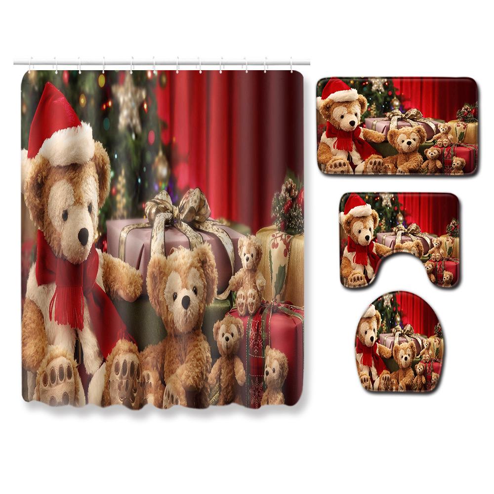 Christmas Shower Curtain Floor Mat Combination Four-Piece Set Bathroom Toilet Carpet Shower Room Mat Foot Mat