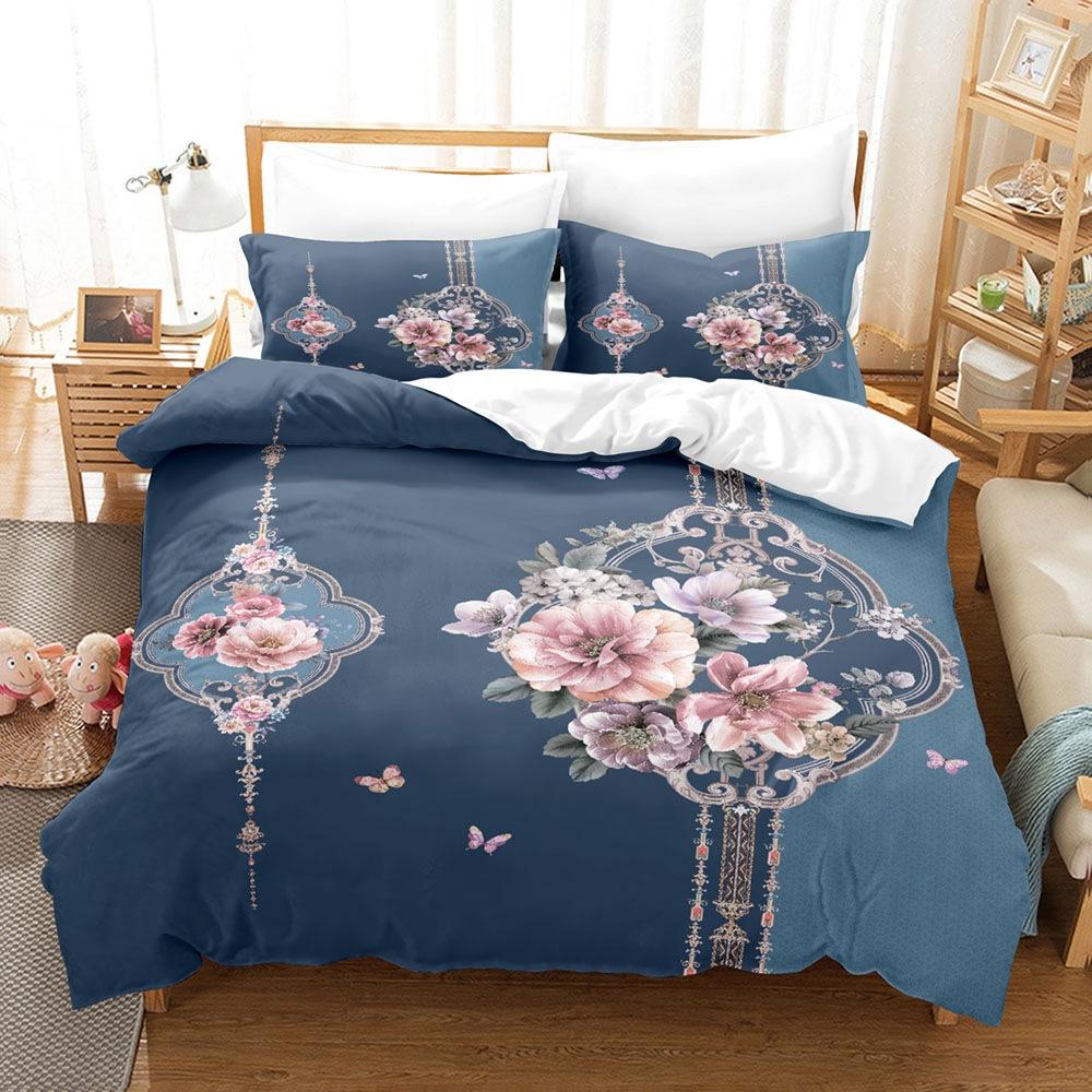 Vintage Court Print Bettbezug, Digitaldruck Blume Feder Dreiteiliges Set