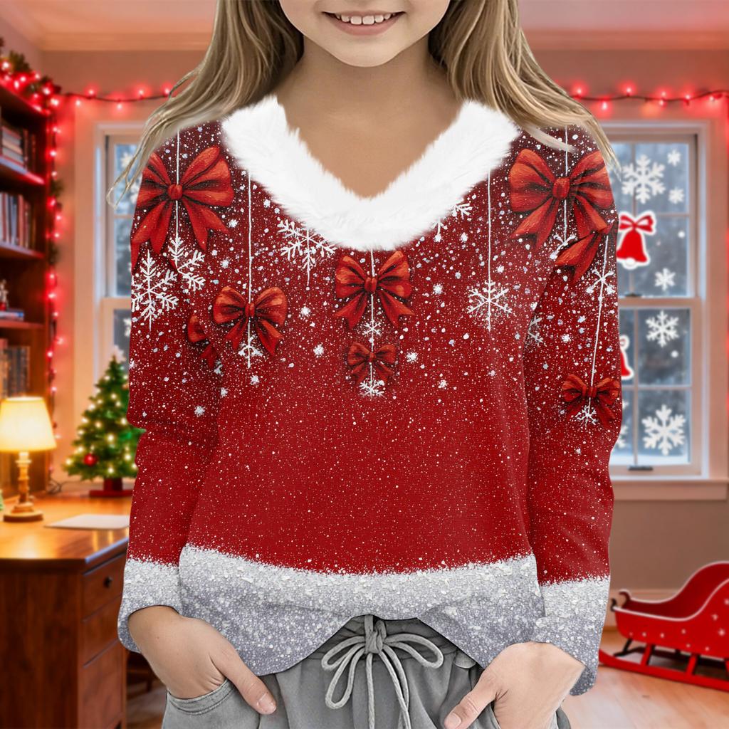 Christmas Day Girls Long Sleeve T Shirts Kids  Girls' V-Neck Tee Christmas Print Long Sleeve Top