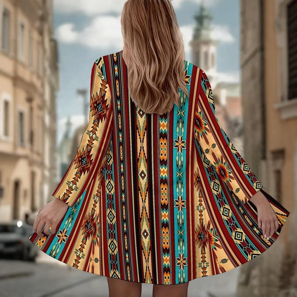 Women's Retro Kilim Motif 3D Print Long Sleeve Open Front Cardigan, Casual Loose Fit Lightweight Street Style Outerwear
