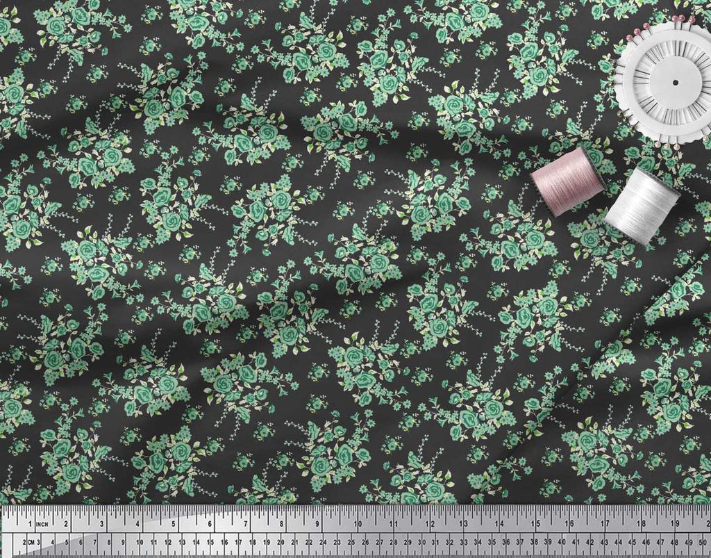 Soimoi Black Japan Crepe Satin Fabric Leaves & Rose Floral Print Sewing Fabric Metre 42 Inch