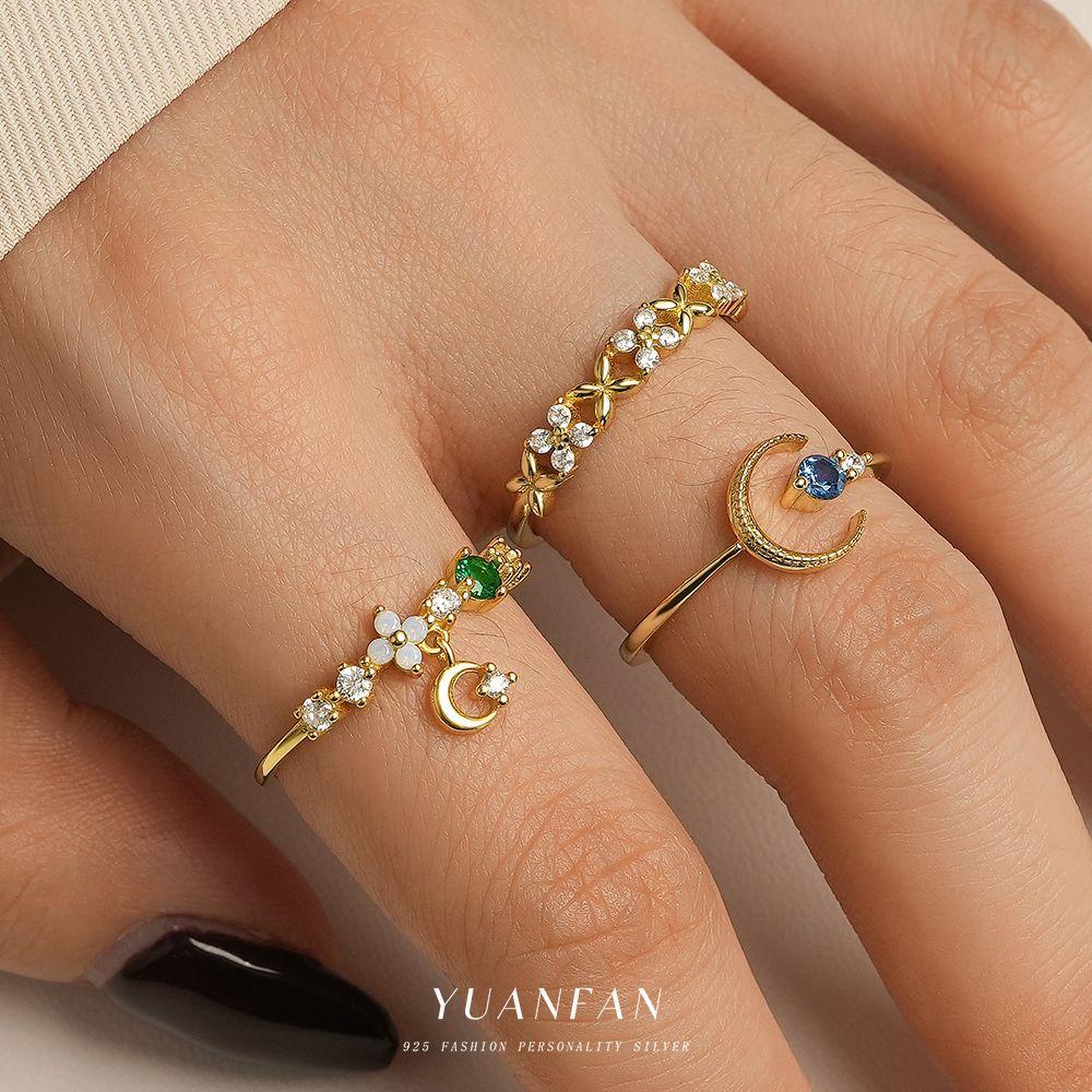 925 Sterling Silver Colorful Zircon Stars Moon Open Ring for Women French Exquisite Sweet Jewelry Gifts