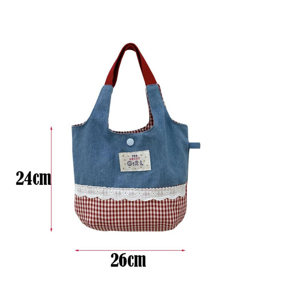 Portable INS Sweet Lace Handbag Denim Plaid Canvas Tote Bags Commuting Bags