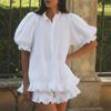 Fashion Commuter Versatile Bubble Sleeve Shirt Loose Wide-leg Shorts Cotton Casual Top Pants Two-piece Set