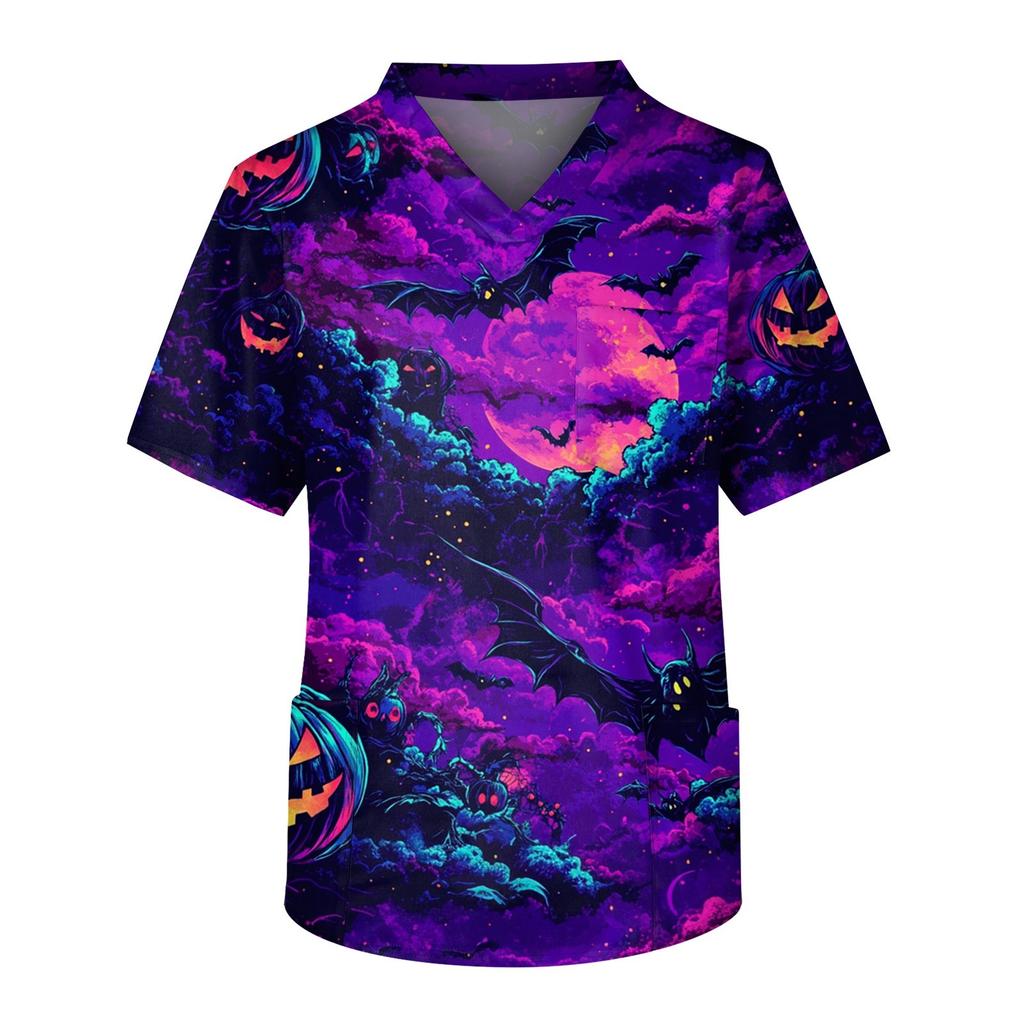 Men's Short Sleeve V-Neck Halloween Print Chest Pocket Care Top