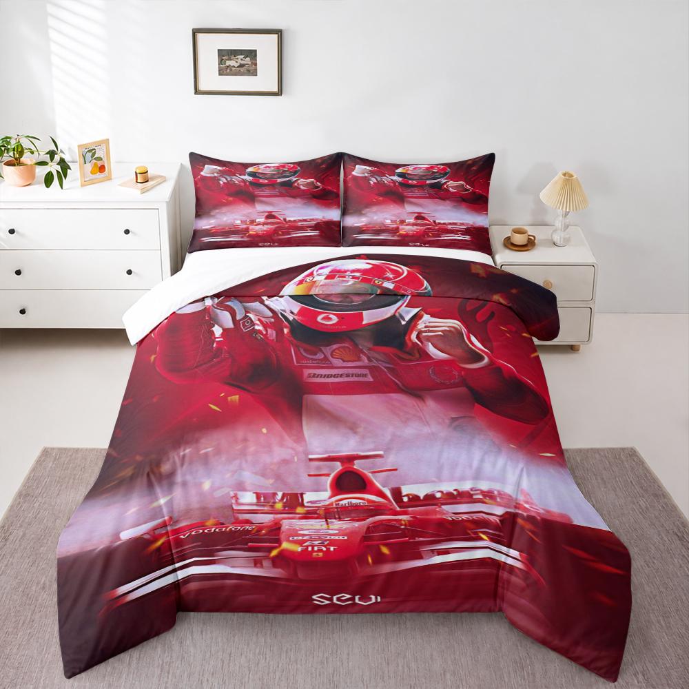 "Red Racing Car and Driver Art Bedding set (1 duvet cover, 2 pillowcases, duvet not included)