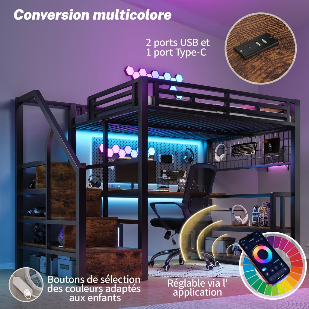 Letto a soppalco, 140 x 200 cm, Struttura in Ferro, Scaffale, Rete Appendibile, Luce LED, Scrivania, Scala, 2 Porte USB, 1 Presa Tipo-C, Senza Materasso, Nero