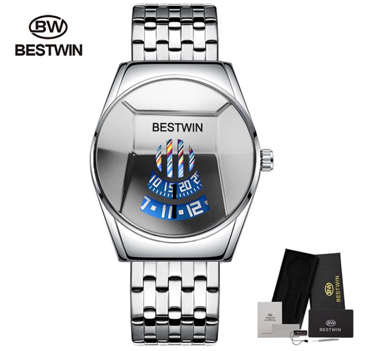 2021 Bestwin Sport Chronograph Wristwatch for Men Casual Gold Quartz Watch with Leather Band Cartoon Style