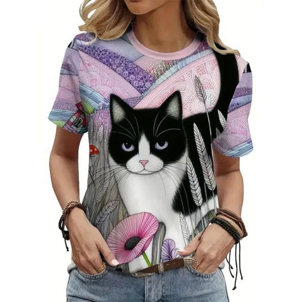 Funny Cat T-Shirts Animal 3D Print Women O-Neck Short Sleeves T Shirt Streetwear Y2k Tees Tops Female Clothing