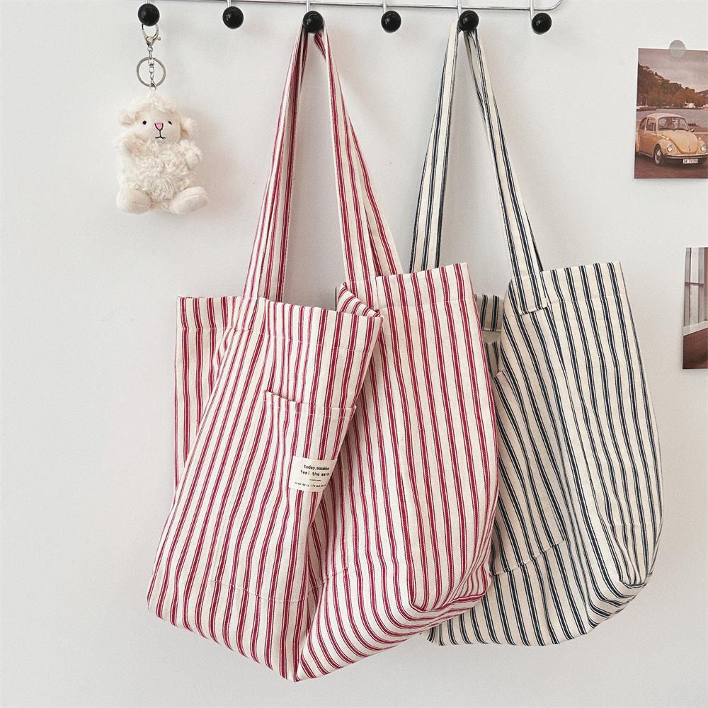 Vintage Striped Women's Shoulder Bags Large Capacity Female Reusable Shopping Bag Canvas School Girls Book Tote Handbags