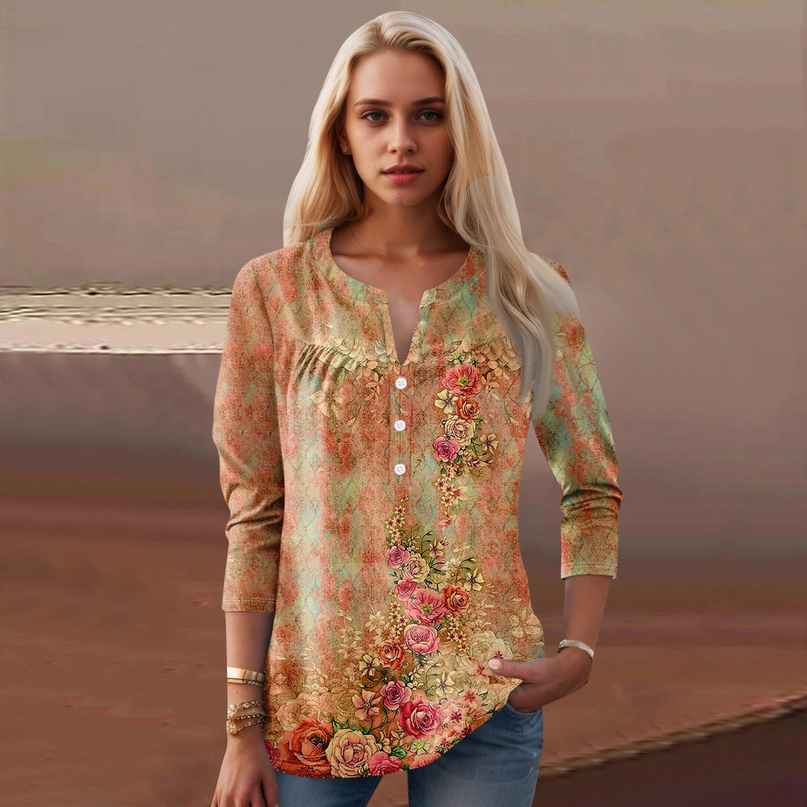 

Женская мода повседневный топ с длинным рукавом и круглым вырезом с цветочным принтом XL шафрановый