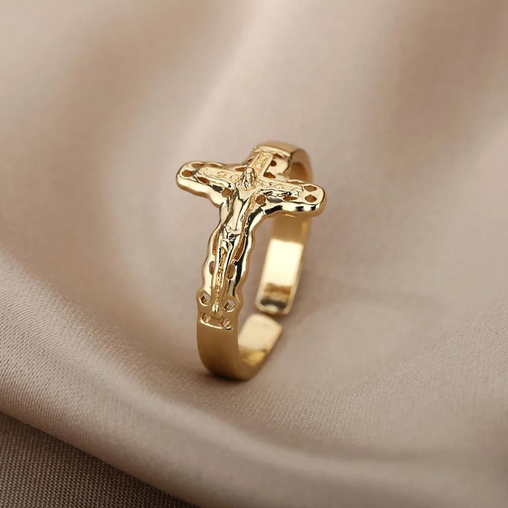 Vintage Jesus Cross Rings For Women Men Gold Color Stainless Steel Jesus Cross Adjustable Ring Religious Party Jewelry Gift