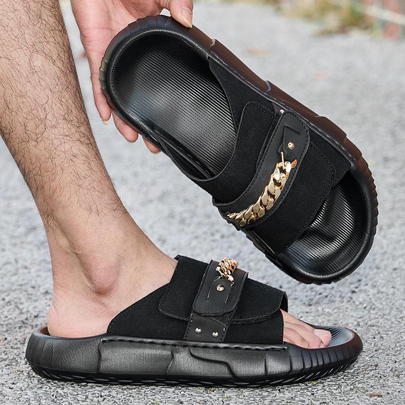 

Мужские тапочки с широкими ладонями, летние черные сандалии на плоской подошве, пляжная обувь для пар для студентов, большие размеры EU:45 чёрный