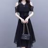 Elegant Fashion V-neck Zipper Off Shoulder Short Sleeve A-LINE Dress Summer Black Solid Color Chiffon Empire Women's Clothing