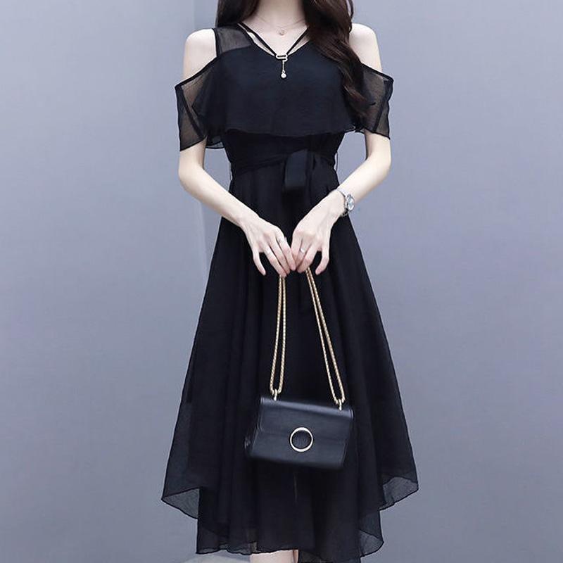 Elegant Fashion V-neck Zipper Off Shoulder Short Sleeve A-LINE Dress Summer Black Solid Color Chiffon Empire Women's Clothing