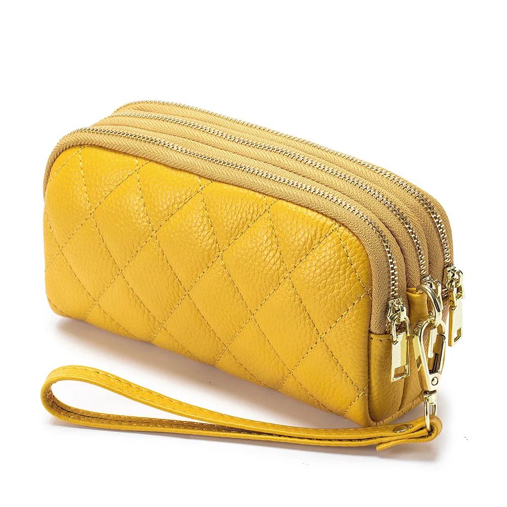 Damen Clutch aus echtem Leder Oberlederschicht lange Geldbörse dreilagige multifunktionale gesteppte Handytasche