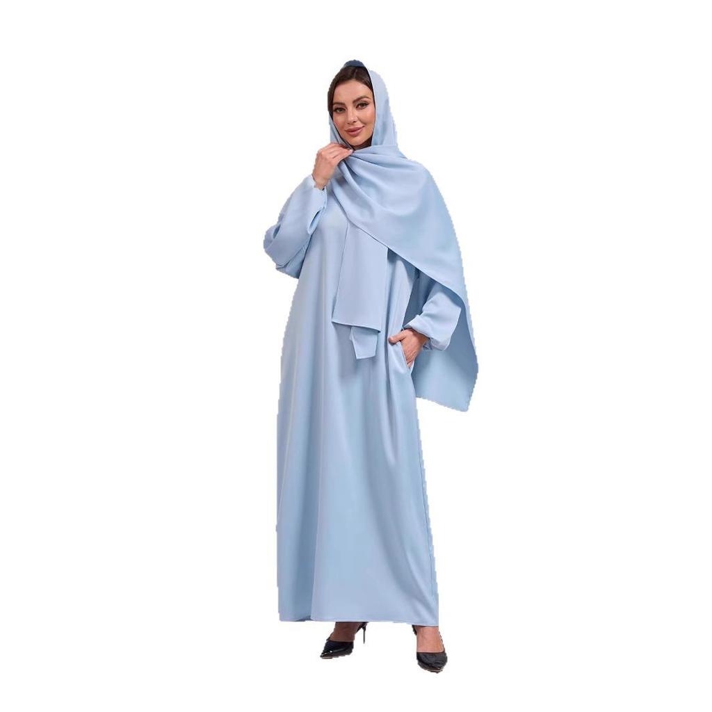 Women's Solid Color Long Sleeve Round Neck Hijab Muslim Robe