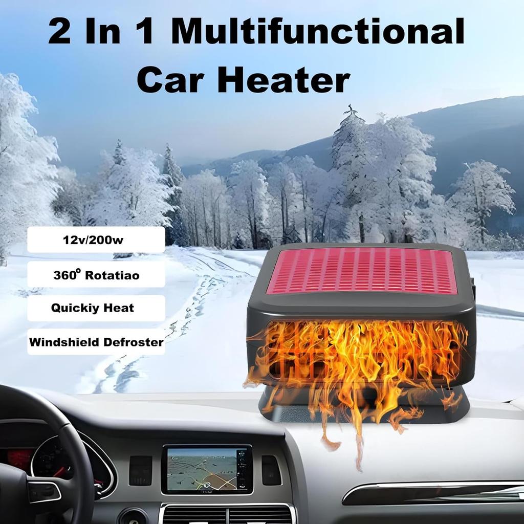 Portable 200W 12V Car Heater, 2-in-1 Heat/Cool, 360° Rotating Base (Red)