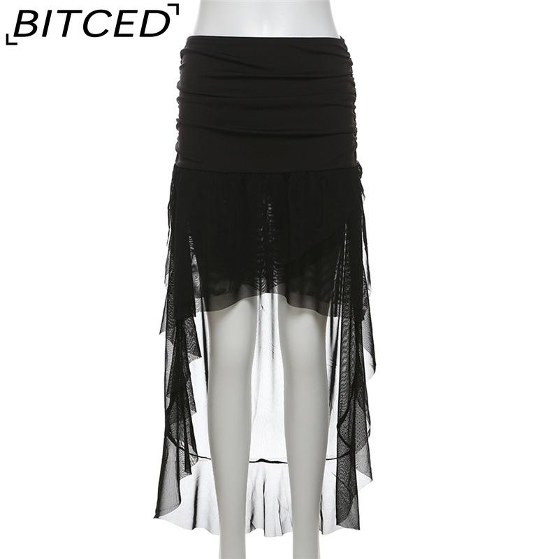 BITCED Fall Solid Color High-Waisted Sexy Mesh Ribbon Short Skirt for Women