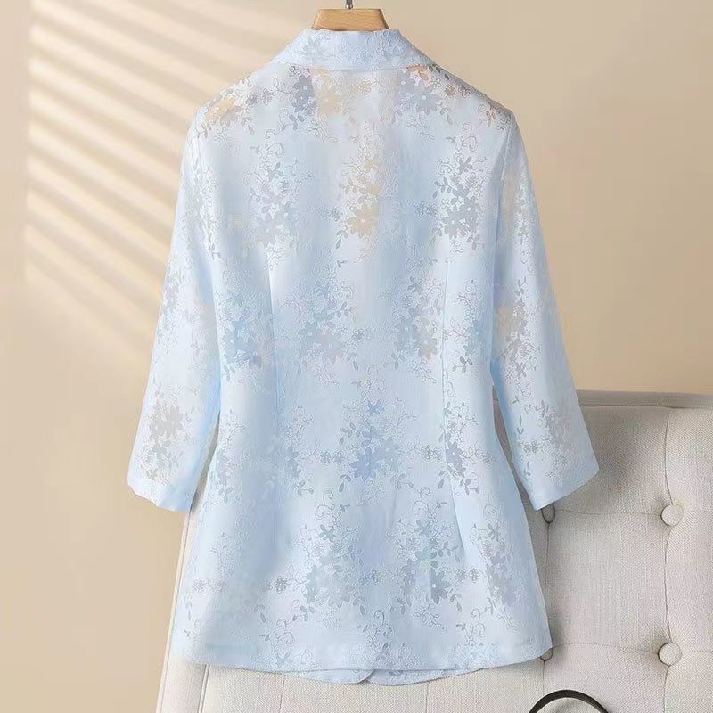 Women's Plus-Size Blazer Summer Thin Sun Protection Slim Fit Hollow Lace Three-Quarter Sleeves Blazer Top