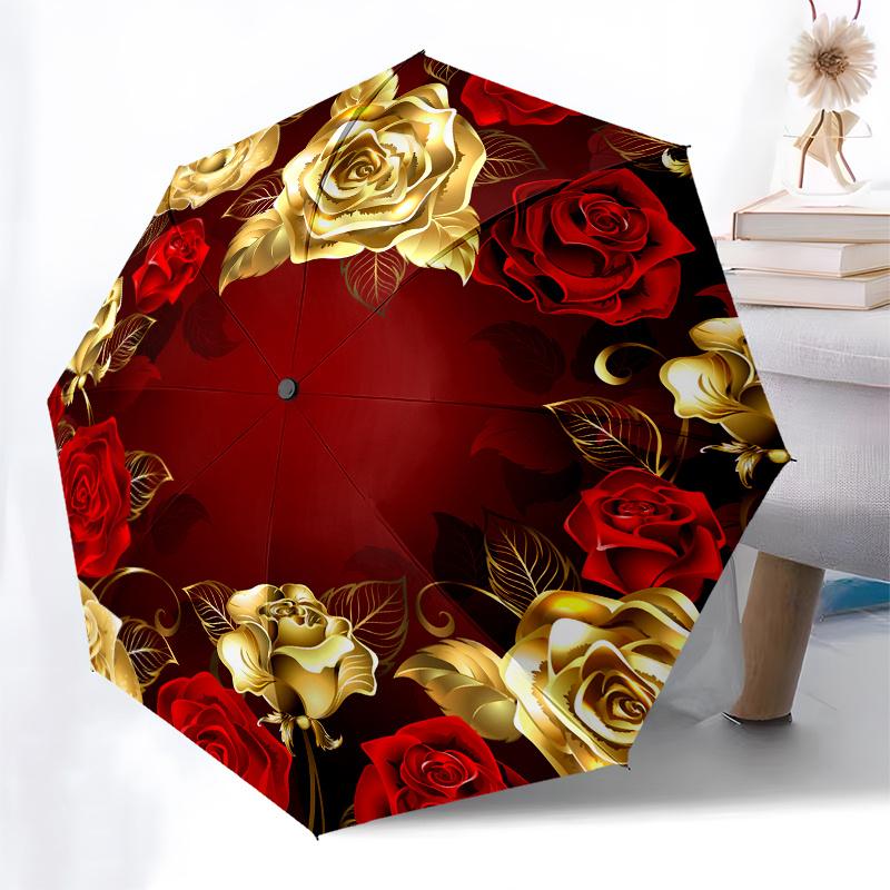 Golden Rose Luxury Floral Pattern Circle DesignUmbrella, Portable 3-Fold Compact Umbrella for Men and Women, Valentine's Day M