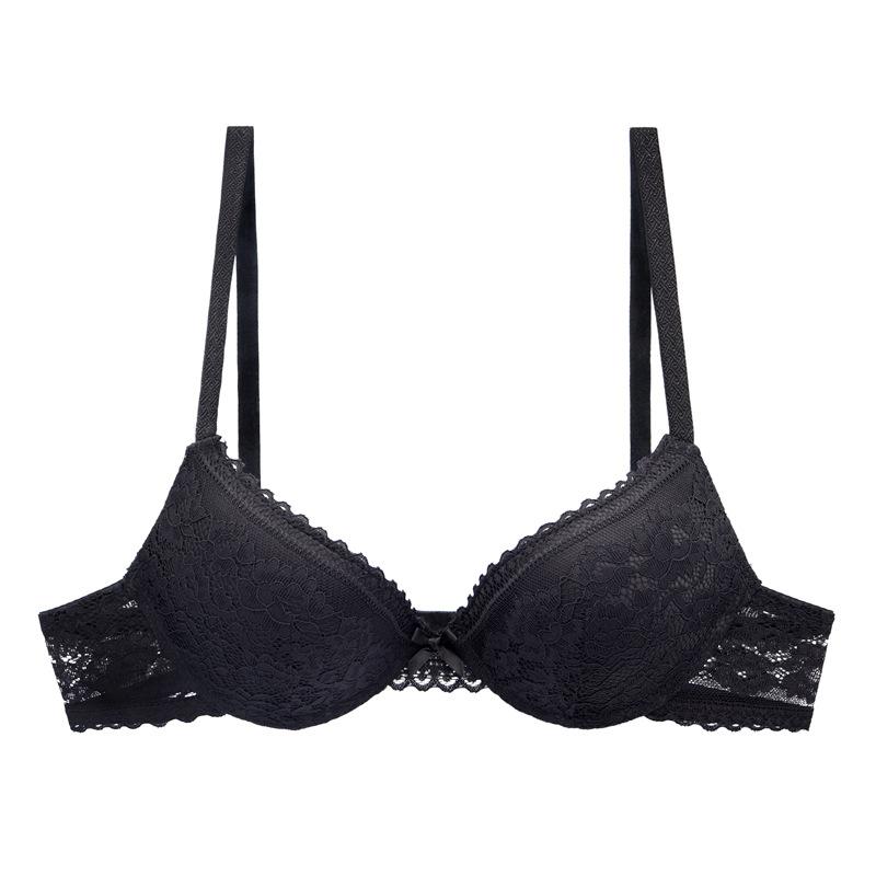 

fashion Thin cup gathering underwear print flowers Internet celebrity sexy triangle cup translucent lace edge bra 85B чорний