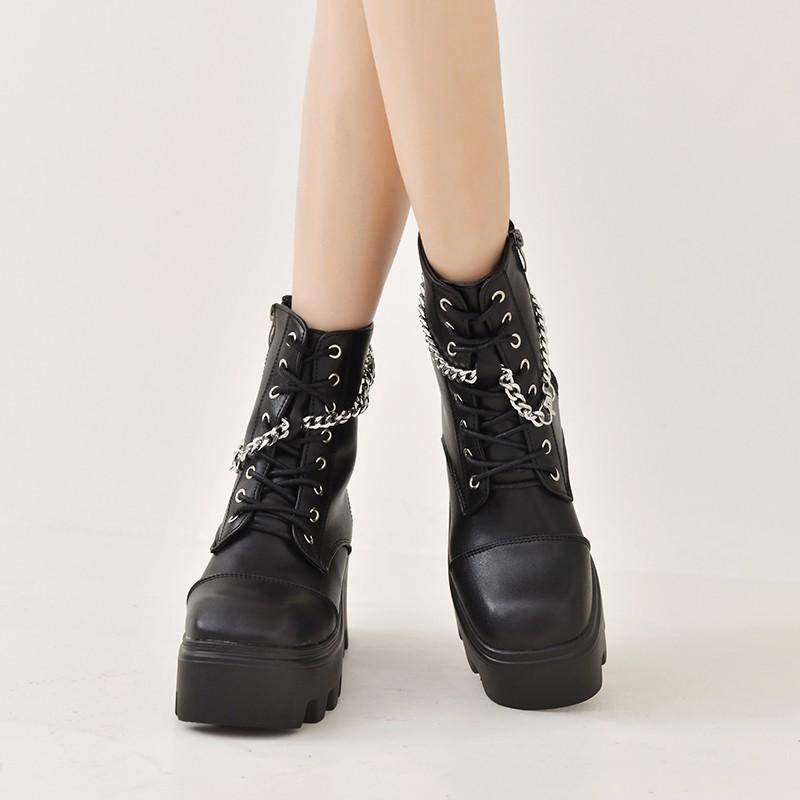 

Plus Size Ladies Shoes Side Zip Chain Decoration Women s Ankle Boots Platform Ladies Boots Fretwork Heels Fashion Shoes Female