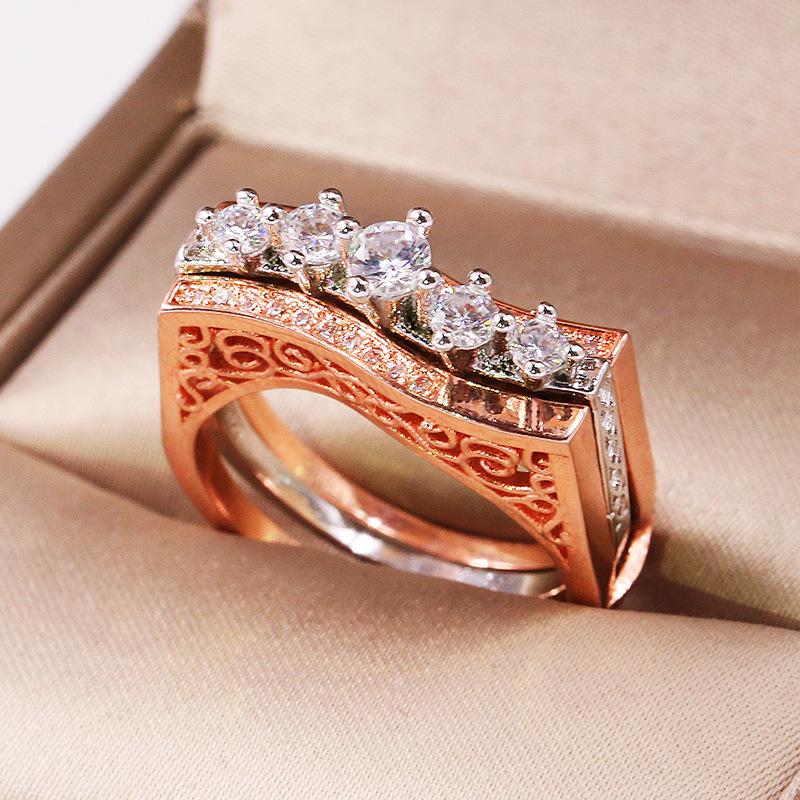 High Quality Double Color Square Couple Engagement Ring Set Round White Crystal Zircon Stone Wedding Bands For Women Men