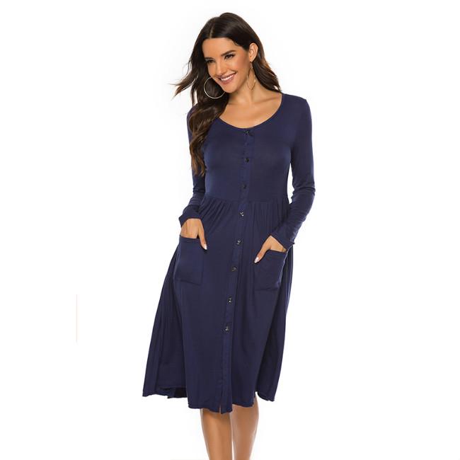 Women Fashion Round Neck Long Sleeve Button Slim Dress Casual Dress