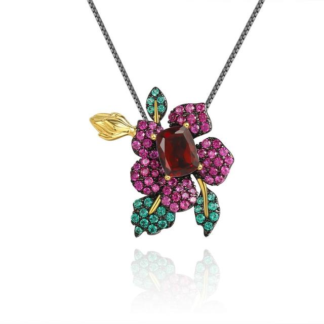 Gb Natural Red Garnet Gemstone Handmade Flower Pendant Necklace For Women 925 Sterling Silver Secret Garden Necklace