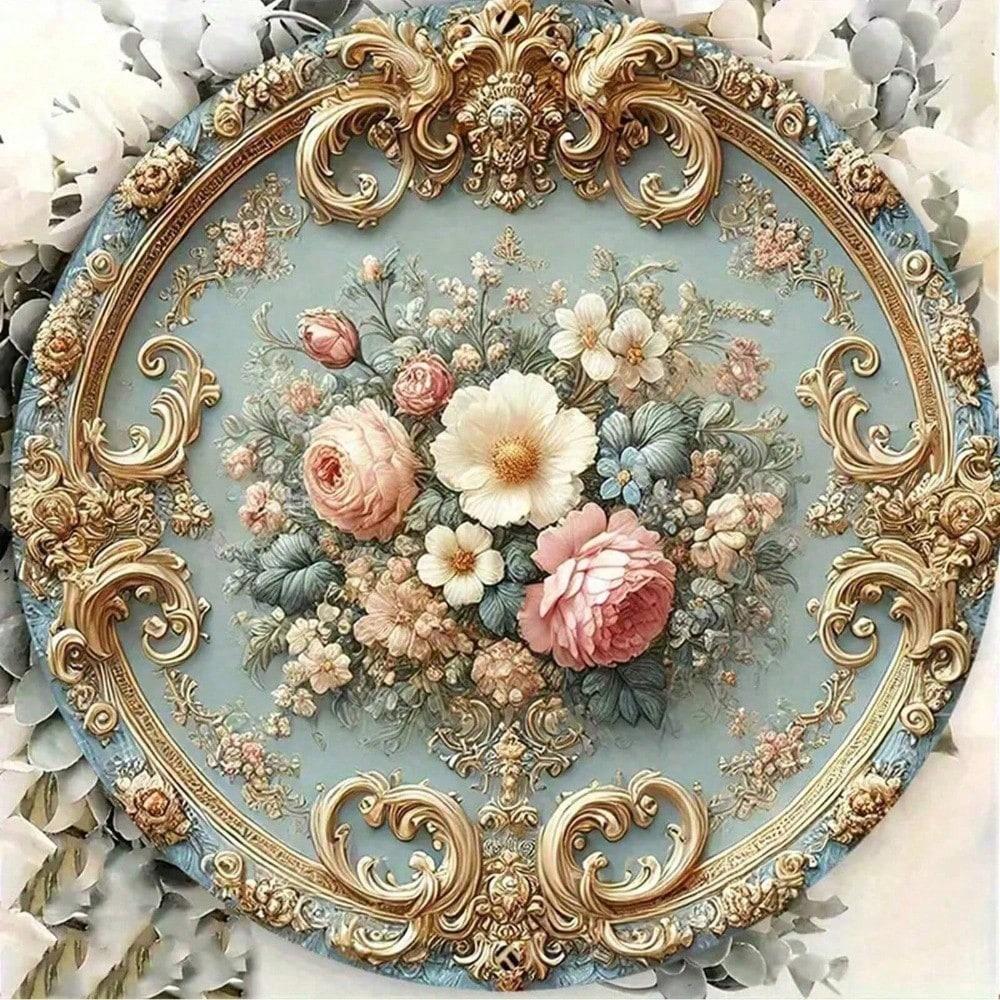 

1PC Baroque Floral Metal Wall Art Gold Framed Oil Painting Style Decor Bright Flowers Home Office Farmhouse 20x20 різнокольоровий