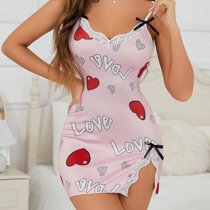 

Женская ночная сорочка с принтом в форме сердечек, с сексуальной кружевной отделкой и из молочного шелка, женская ночная сорочка на бретелях с V-образным вырезом, сексуальная one size розовый
