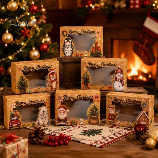 Decorative Bakery Boxes 6Pcs Christmas Paper Gift Boxes, Xmas Color Printed Foldable Cookie Treat Festive Party Favor Holiday Packaging for Desserts,