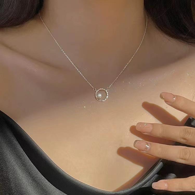 925 Sterling Silver Geometric Wave Circle Pendant Freshwater Pearl Necklace for Women