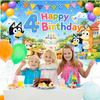 Kids 4 Years Birthday Fabric Backdrop Bluey Theme Party Decoration Cartoon Cake Balloons Flags Gifts Photo Party Supplies