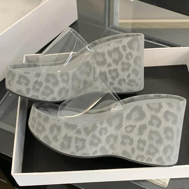 New Design Leopard Print Platform Wedges Women's Slipper Summer PVC Transparen Open Toe High Heels Party Dress Shoes