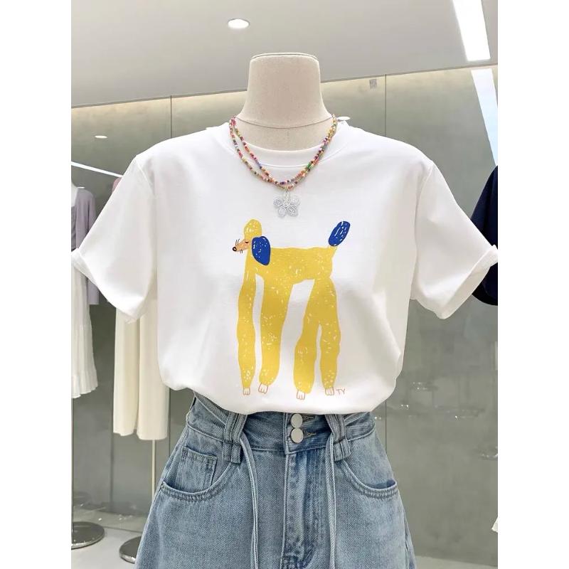 Luźny T-shirt z nadrukiem kreskówkowym, krótki rękaw, design 2025, letni, nowy, czysta bawełna, wszechstronny top