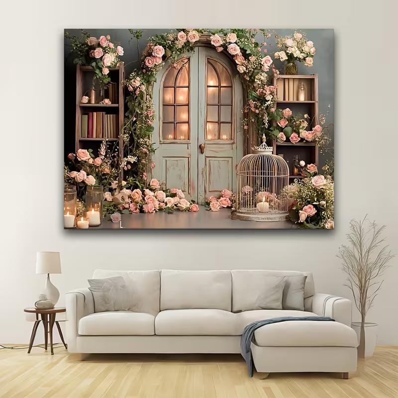 2D Vintage Door Floral Tapestry, Pink Rose Arch Backdrop for Wedding, Bridal Shower, Engagement & Photoshoot