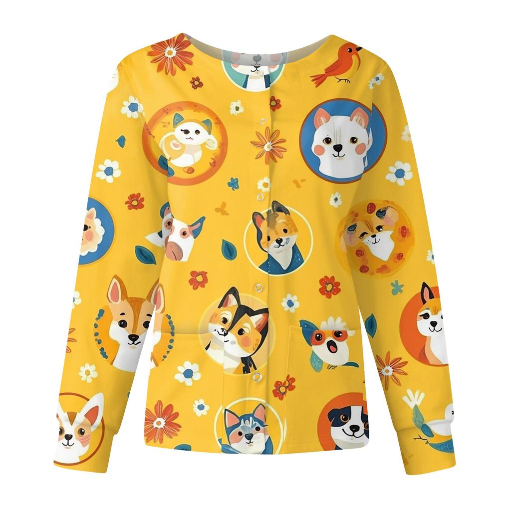 Women's Casual Fashion Long Sleeve Standing Lapel Single Breasted Cute Animal Printed  Workwear Jacket Tops