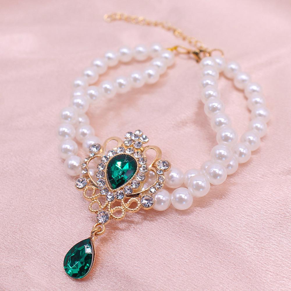 

Double Row Rhinestone Pearl Pet Necklace - Luxury Choker for Cats and Dogs XS fits neck 15+7cm зелёный